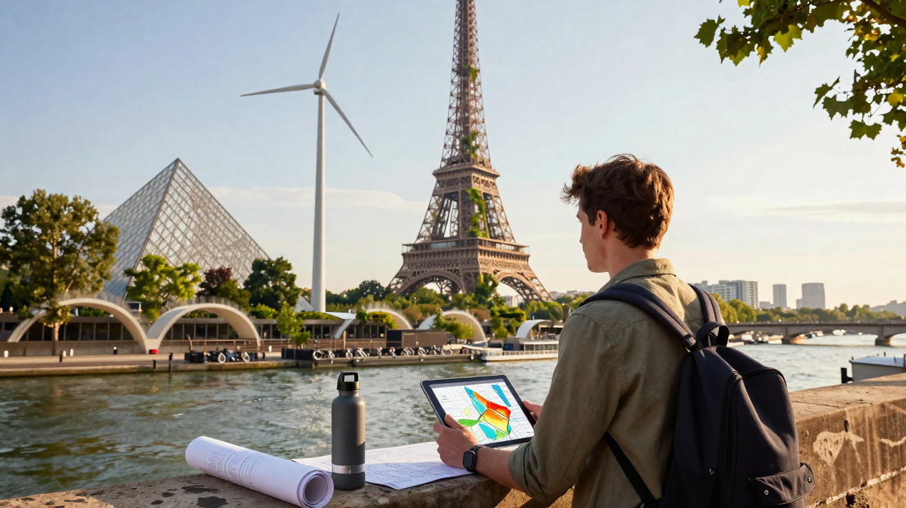 Pessoa com mochila usa tablet junto ao rio Sena com a Torre Eiffel e uma turbina eólica ao fundo em Paris.