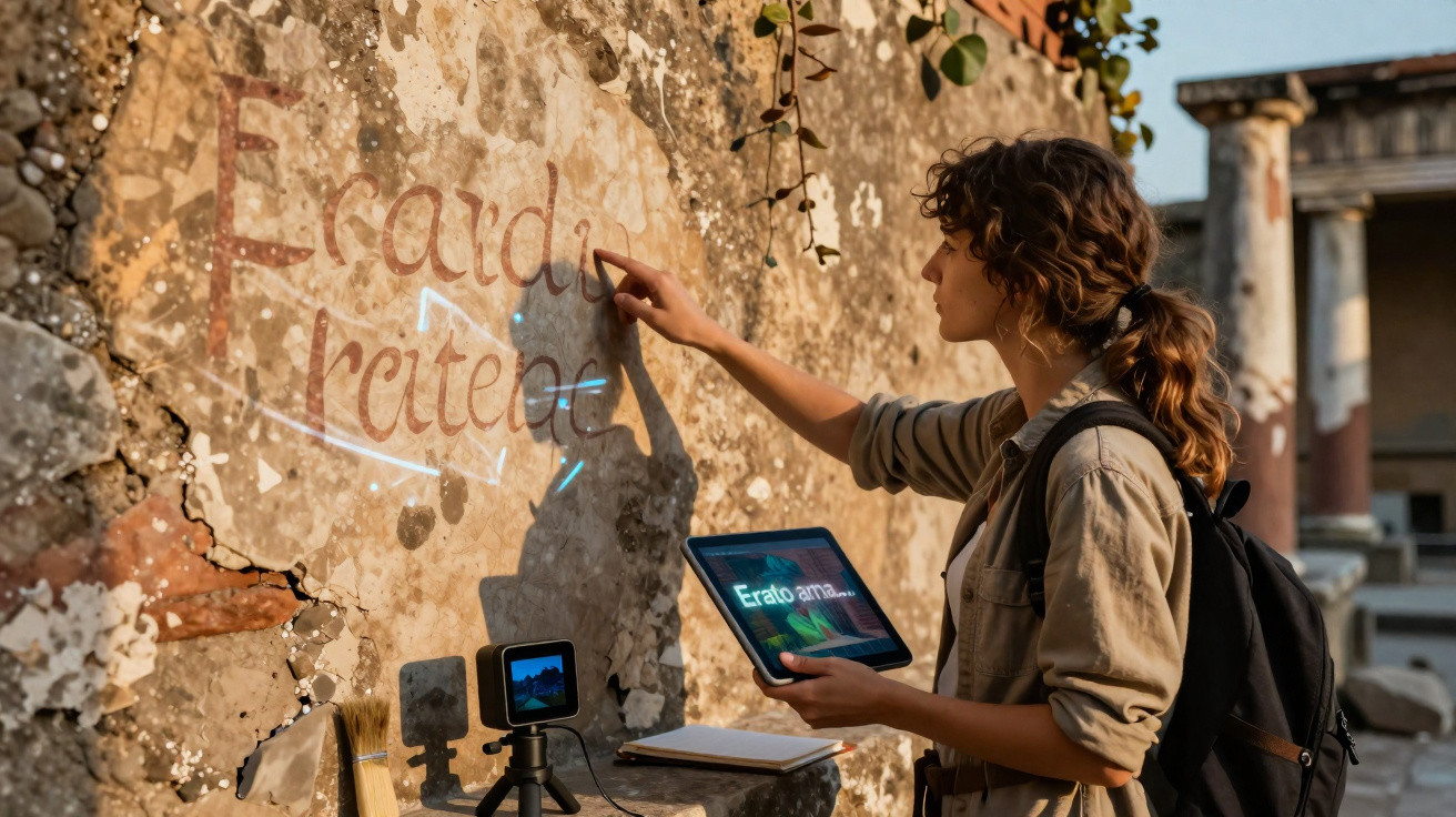 Mulher a usar tablet e projetor para ler texto antigo numa parede de museu arqueológico ao ar livre.