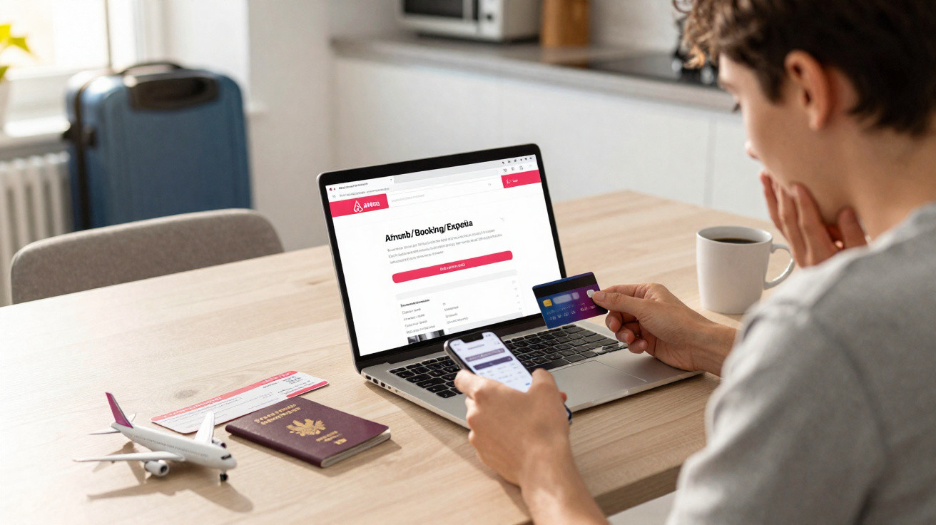 Pessoa a reservar viagem online, com computador, telemóvel, cartão de crédito, passaporte e bilhete de avião numa mesa.