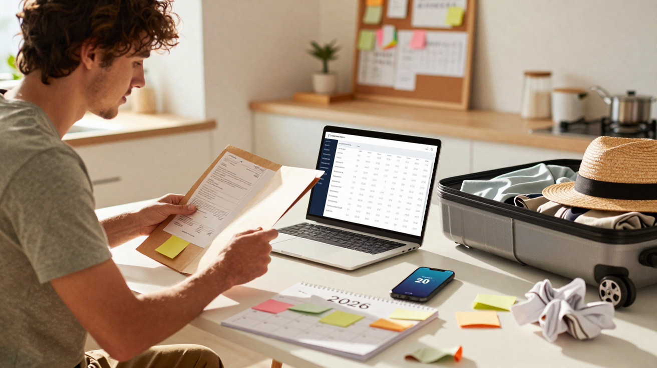 Homem a organizar documentos à mesa com computador, calendário, telemóvel e mala aberta ao lado.