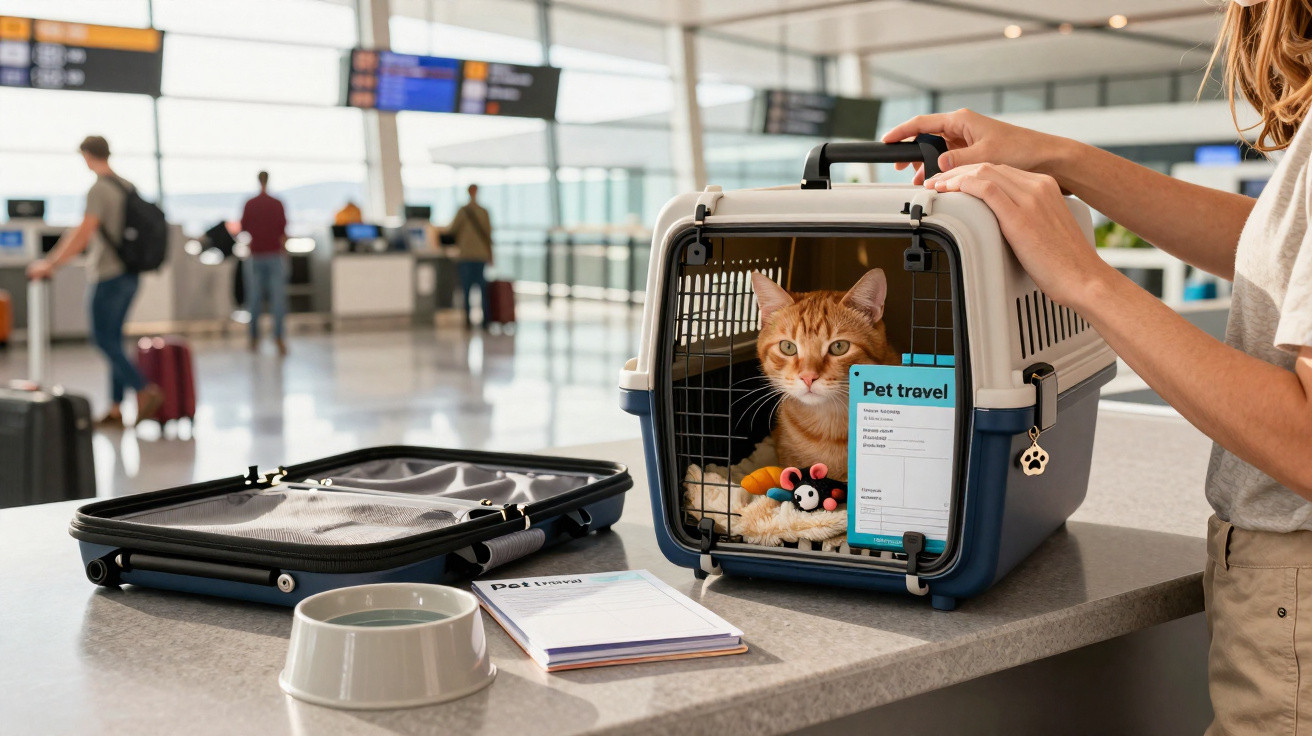Gato laranja dentro de transportadora para animais numa mesa de aeroporto, com etiquetas de viagem e objetos ao redor.