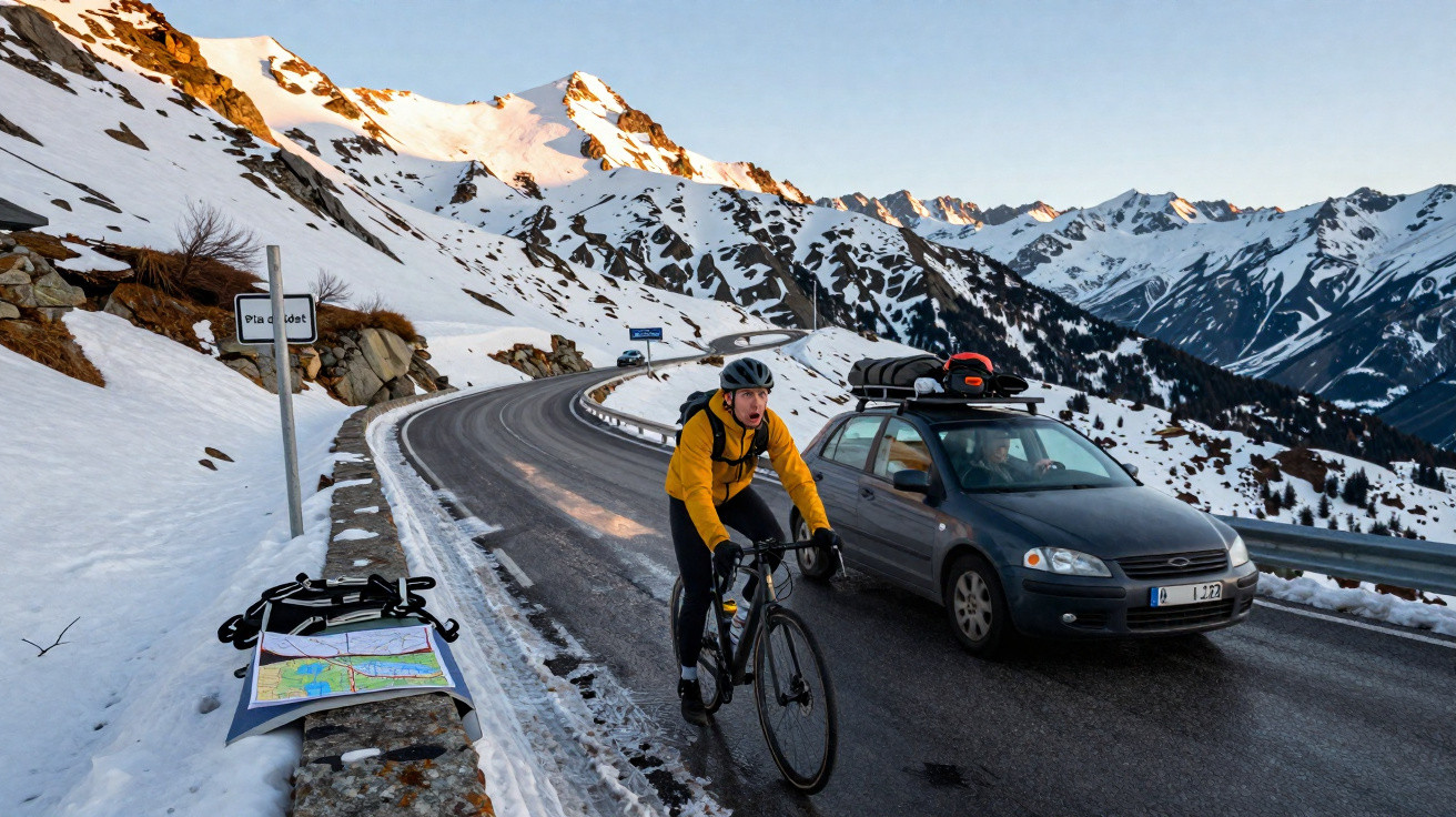 Ciclista de casaco amarelo na estrada de montanha com neve, perto de carro cinza ao pôr do sol.