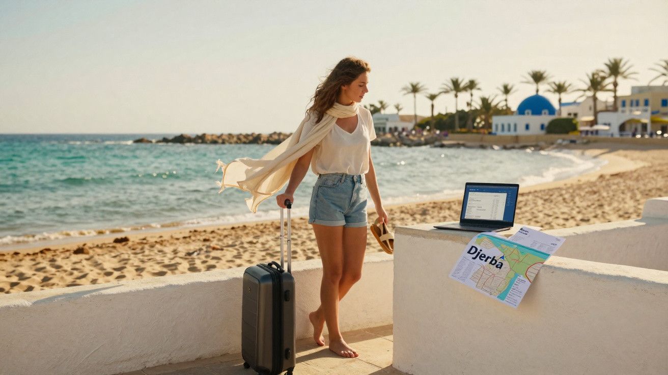 Mulher junto à praia com mala de viagem e mapa de Djerba num dia solarengo.