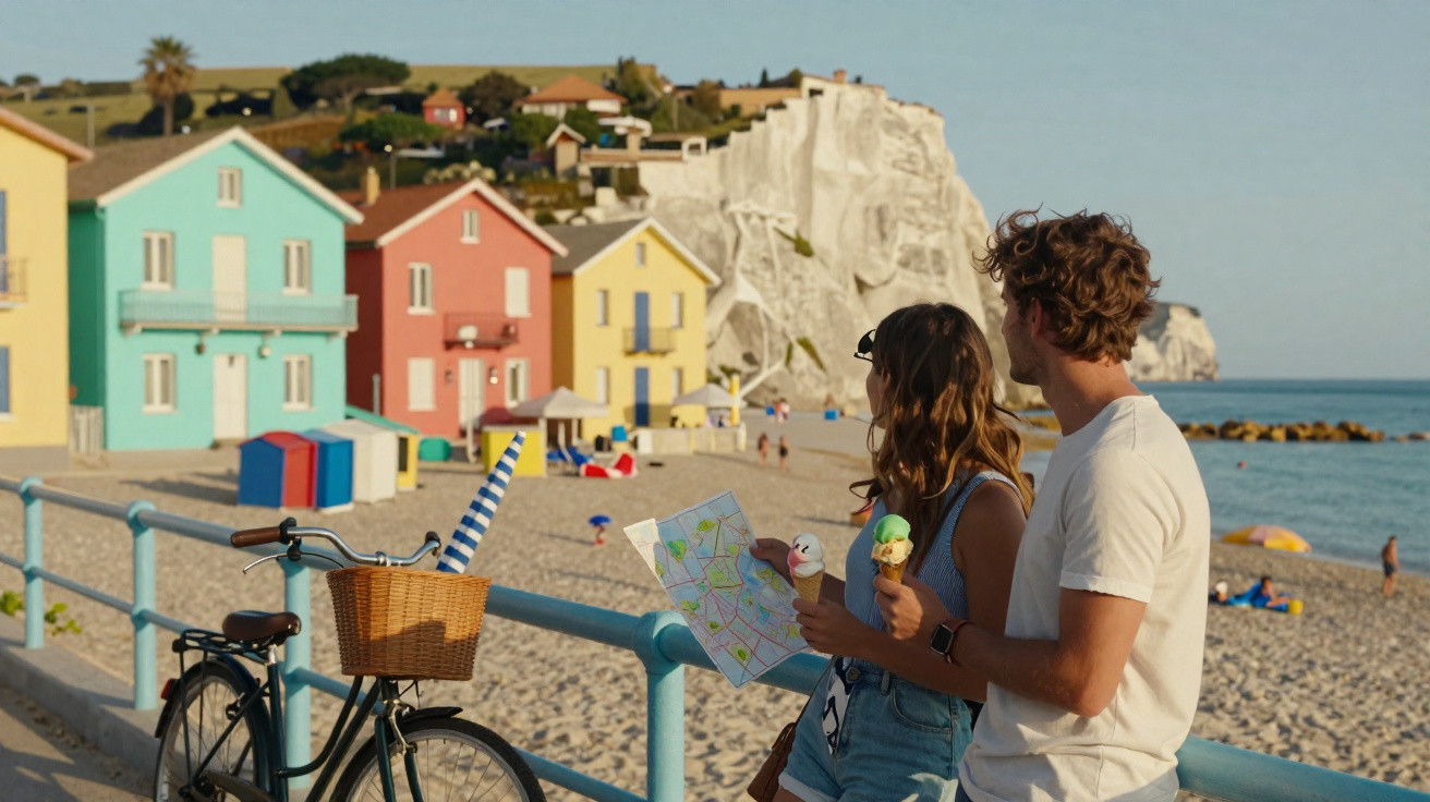Casal jovem de férias junto à praia com gelados, olhando mapa e casas coloridas com falésia ao fundo.