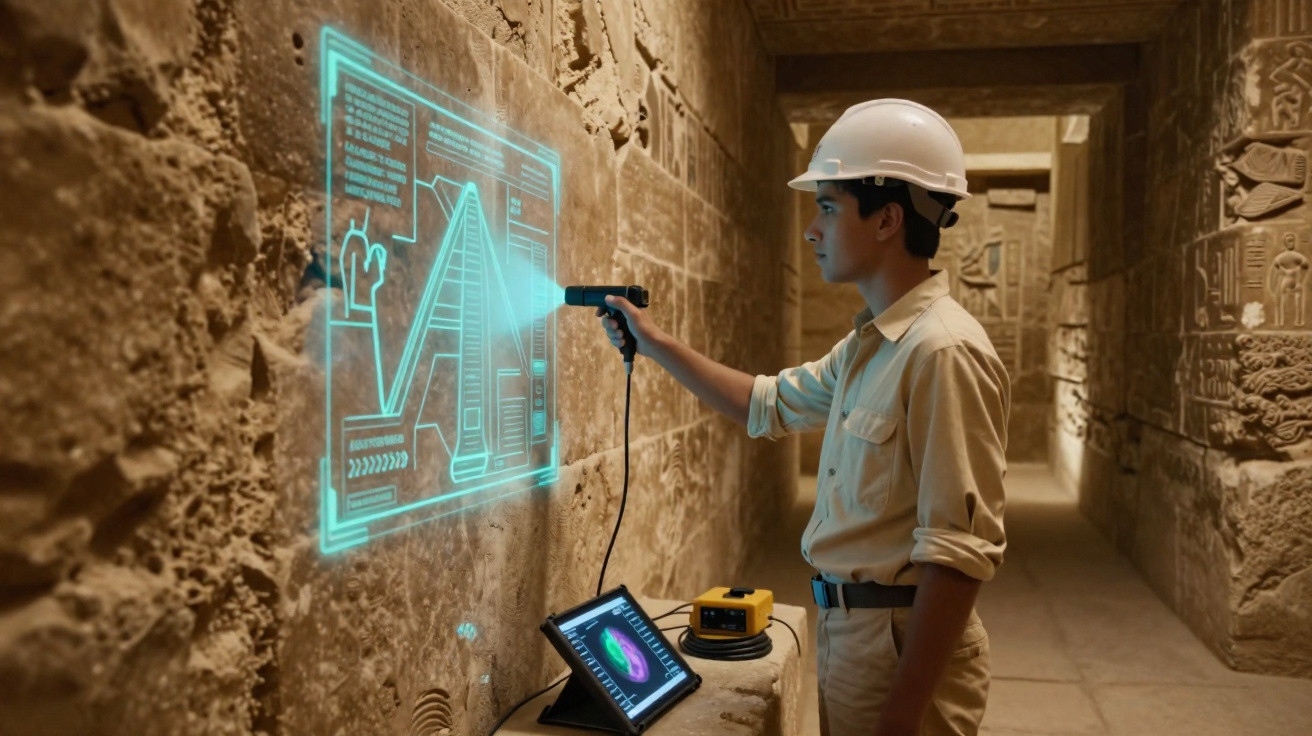 Arqueólogo com capacete usa scanner para analisar holograma de pirâmide nas paredes de templo antigo.