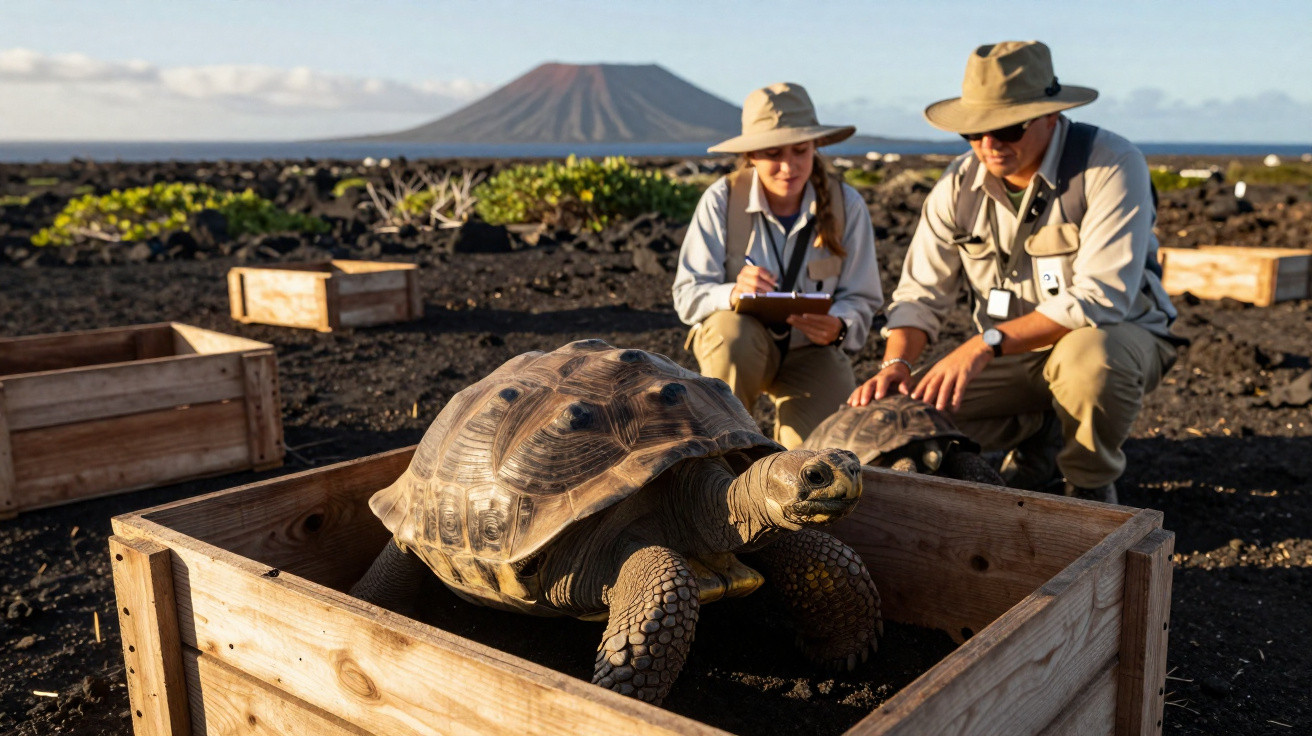 Dois investigadores observam uma tartaruga gigante numa caixa de madeira num terreno vulcânico.