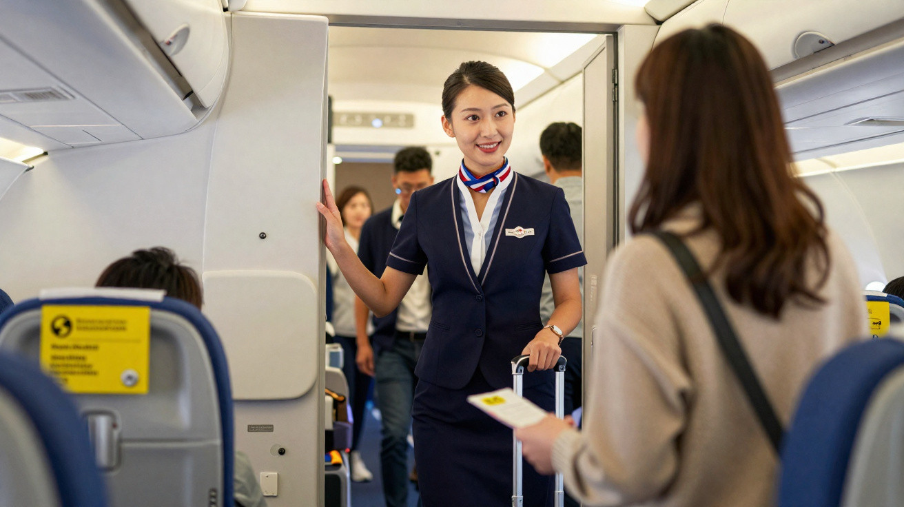 Assistente de voo de uniforme azul falando com passageira numa cabine de avião.