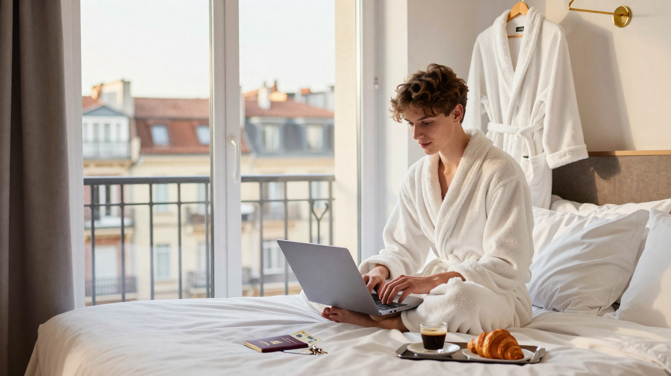 Pessoa jovem em roupão branco sentada na cama a usar portátil, com chávena de café e croissant na mesa de cabeceira.