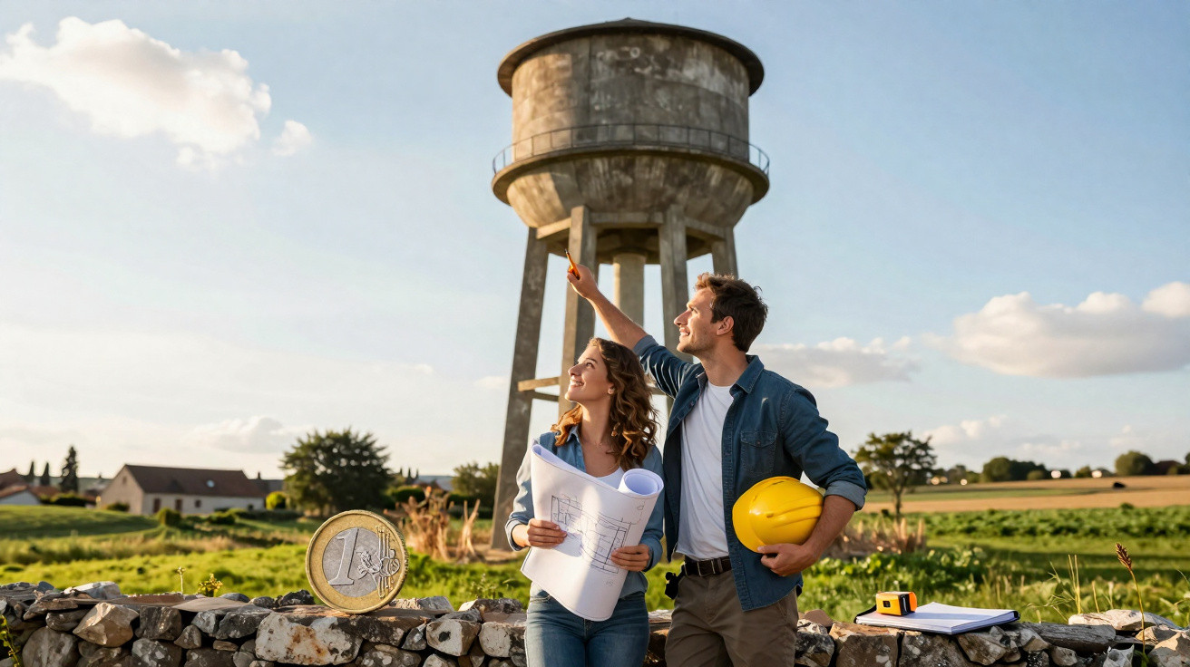 Casal de engenheiros a observar e planear a construção de um reservatório de água num campo rural.