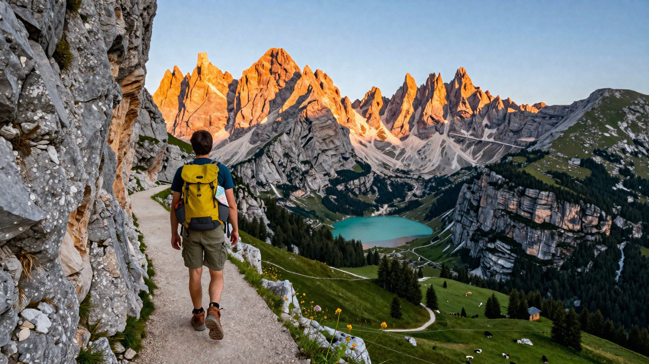 Pessoa de mochila amarela a caminhar num trilho montanhoso com picos rochosos ao pôr do sol e lago azul.