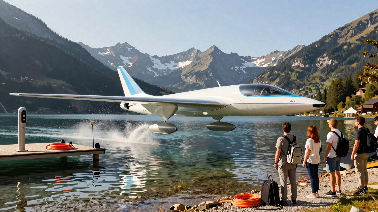 Avião futurista descolando da água num lago com montanhas ao fundo e quatro pessoas a observar na margem.