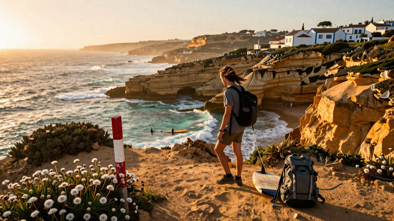 Pessoa com prancha de surf na praia rochosa ao pôr do sol, com casas ao fundo e surfistas no mar.