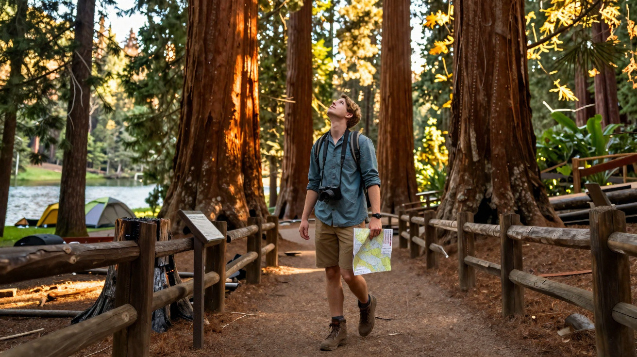 Jovem com mochila e mapa a caminhar numa floresta densa de árvores altas junto a um lago e tendas de campismo.