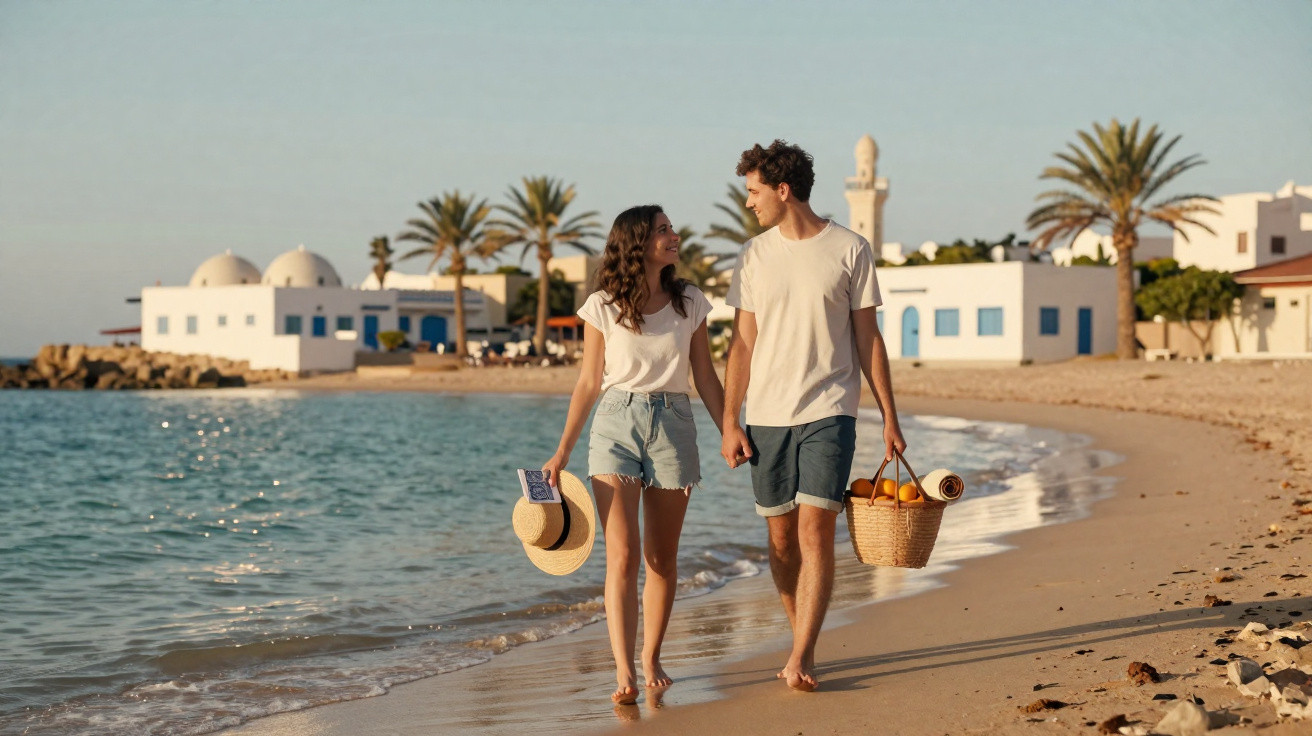 Casal jovem a caminhar descalço na praia ao pôr do sol, com casas brancas e palmeiras ao fundo.