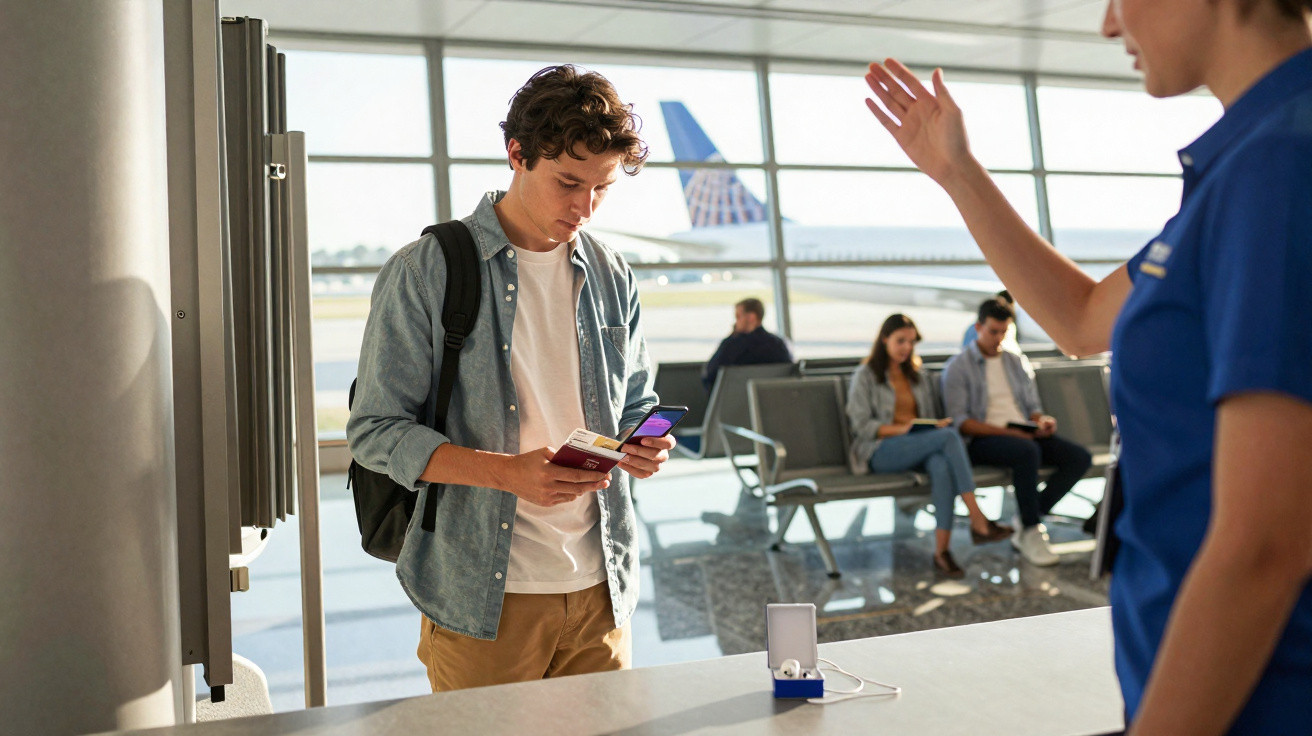 Jovem com mochila e documentos no aeroporto, autorizado por funcionária, com passageiros sentados ao fundo.