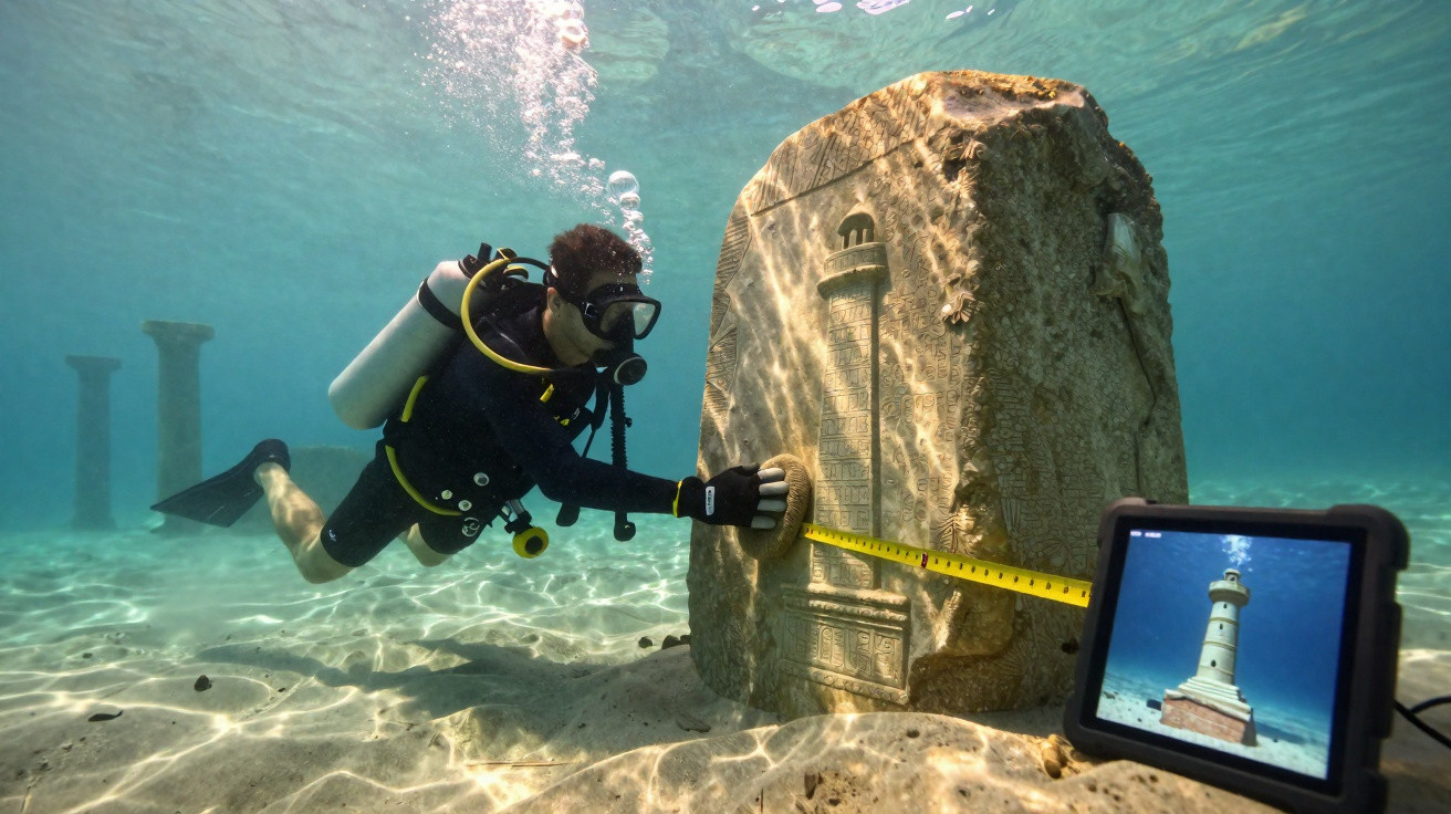 Mergulhador mede gravação de farol em bloco submerso com tablet a mostrar imagem do farol.