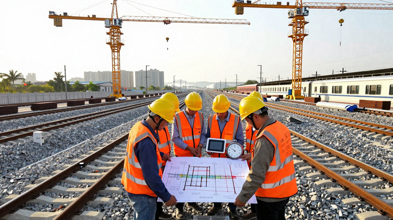 Quatro trabalhadores com capacetes e coletes refletores analisam planta numa obra ferroviária com comboios e gruas ao fundo.