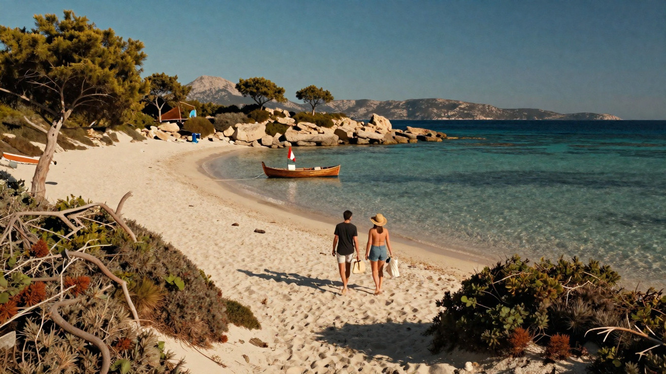 Casal caminhando na areia numa praia tranquila com mar calmo e uma pequena embarcação de madeira.