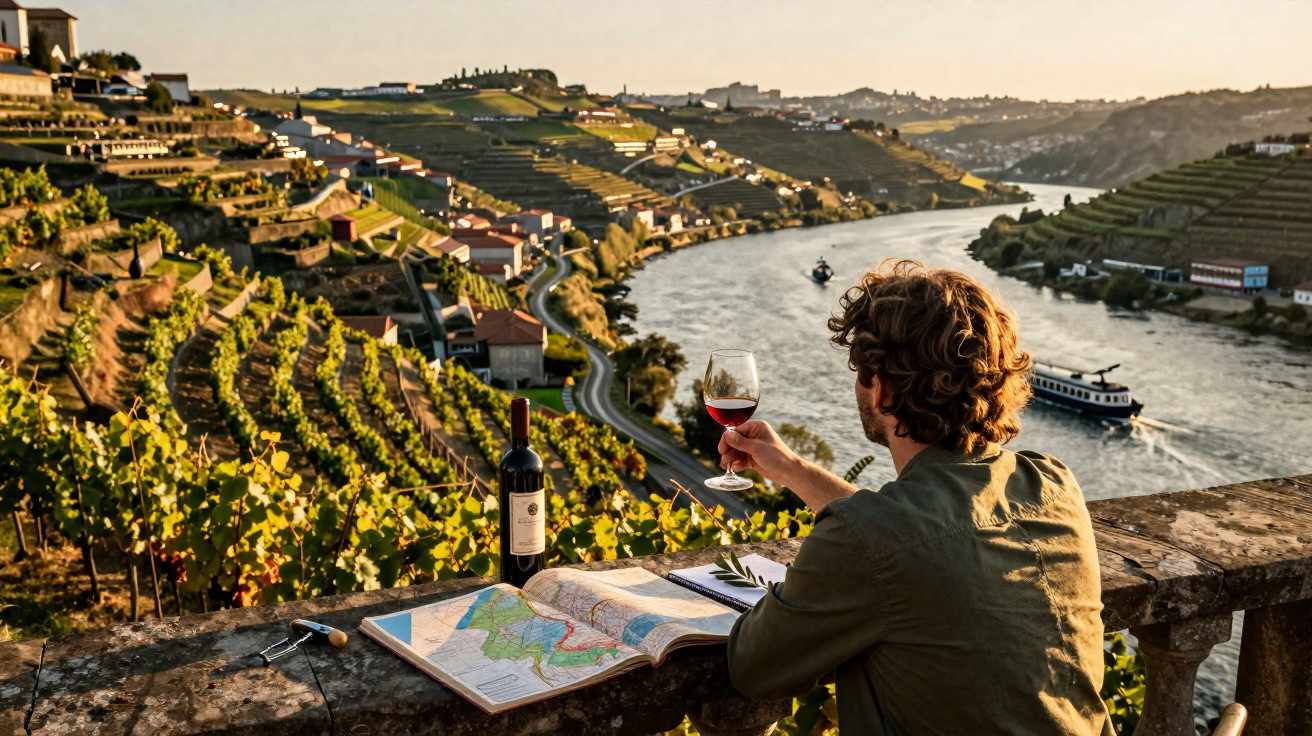 Homem a apreciar vinho com vista para vinhas e rio Douro ao pôr do sol em Portugal.