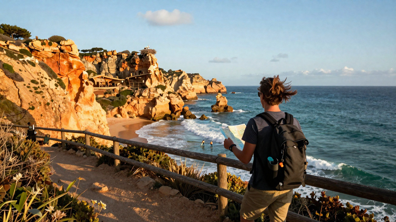 Pessoa com mochila consulta mapa numa falésia com vista para praia e mar ao pôr do sol.