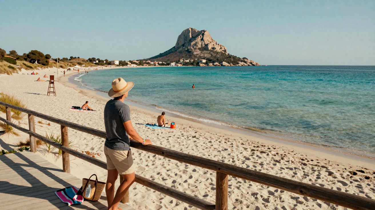Homem de chapéu observa a praia e o mar com uma rocha grande ao fundo num dia de sol.