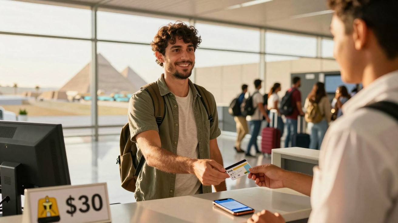 Homem jovem a entregar cartão ao atendente no balcão de aeroporto com pirâmides ao fundo.