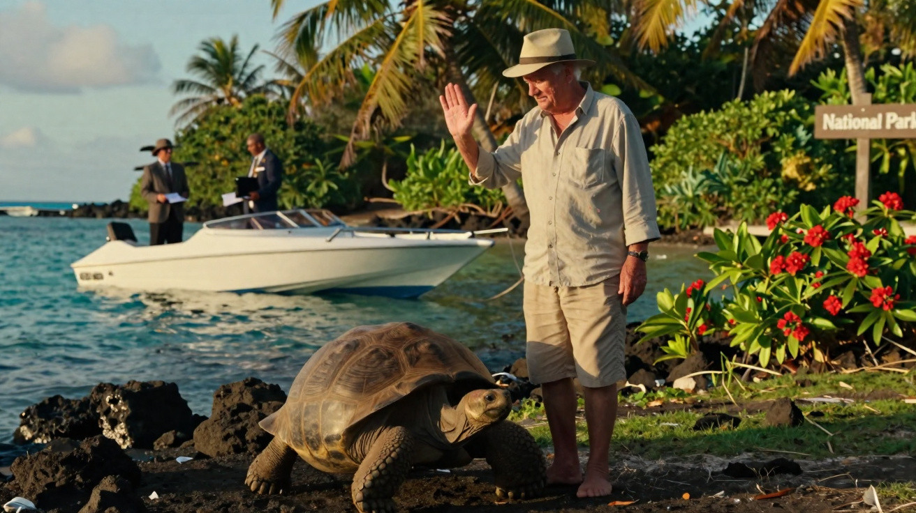 Homem de chapéu acena junto a uma tartaruga gigante numa praia tropical com barco e vegetação ao fundo.