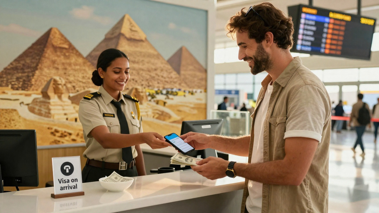 Funcionária de imigração a receber passaporte e dinheiro de viajante no balcão do aeroporto.