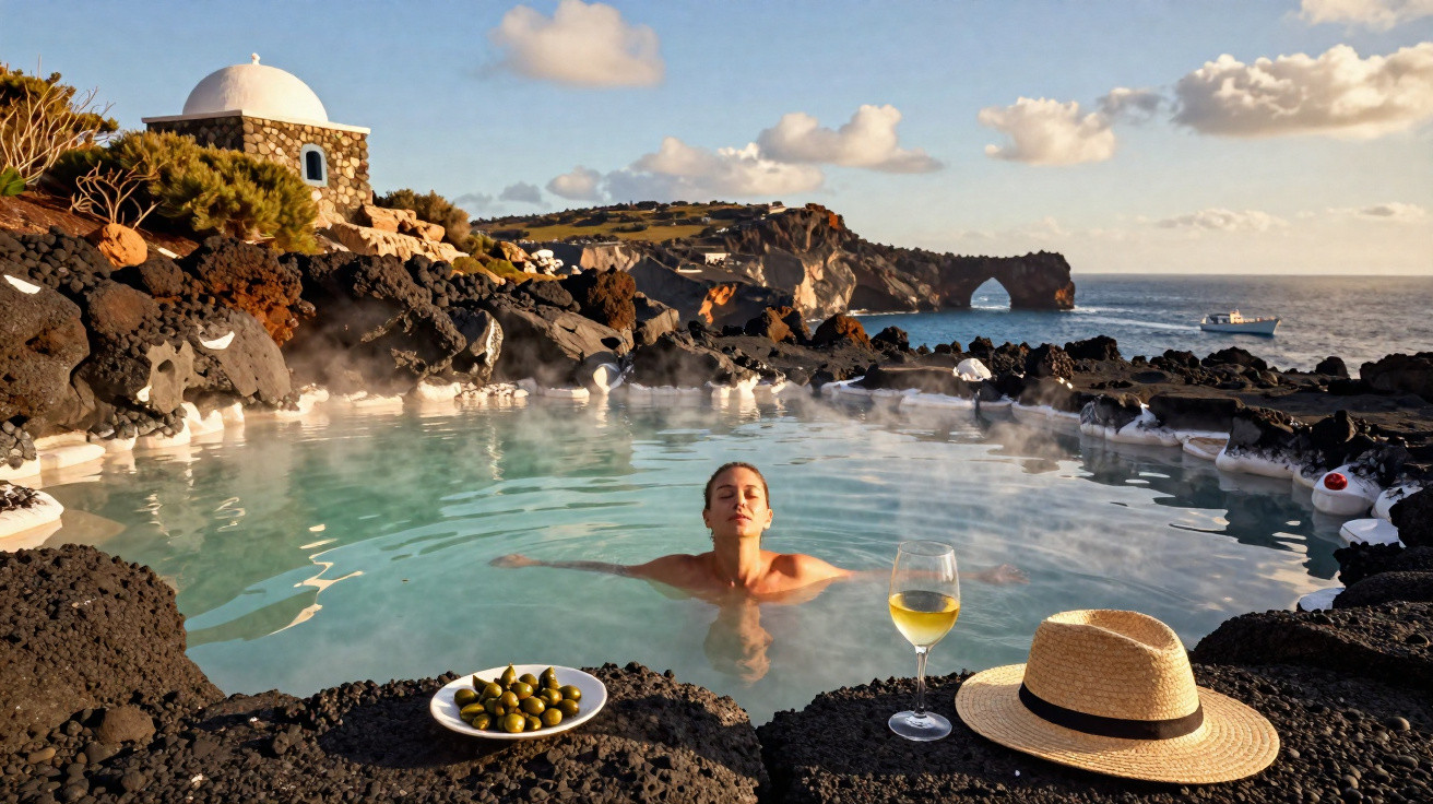Mulher relaxa numa piscina natural entre rochas negras, com copo de vinho e azeitonas à beira-mar ao pôr do sol.