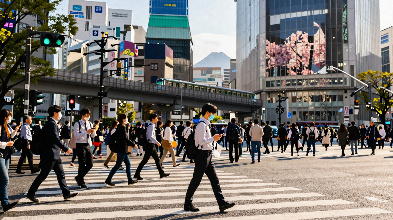 Peões com máscaras a atravessar passadeira numa movimentada rua urbana com edifícios altos e o Monte Fuji ao fundo.