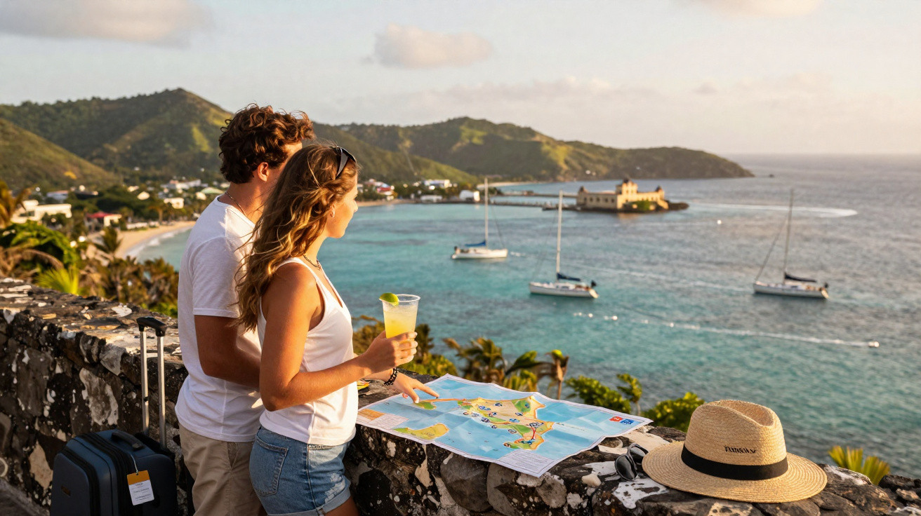Casal com mapa planeando viagem junto ao mar com barcos e colinas ao fundo ao pôr do sol.