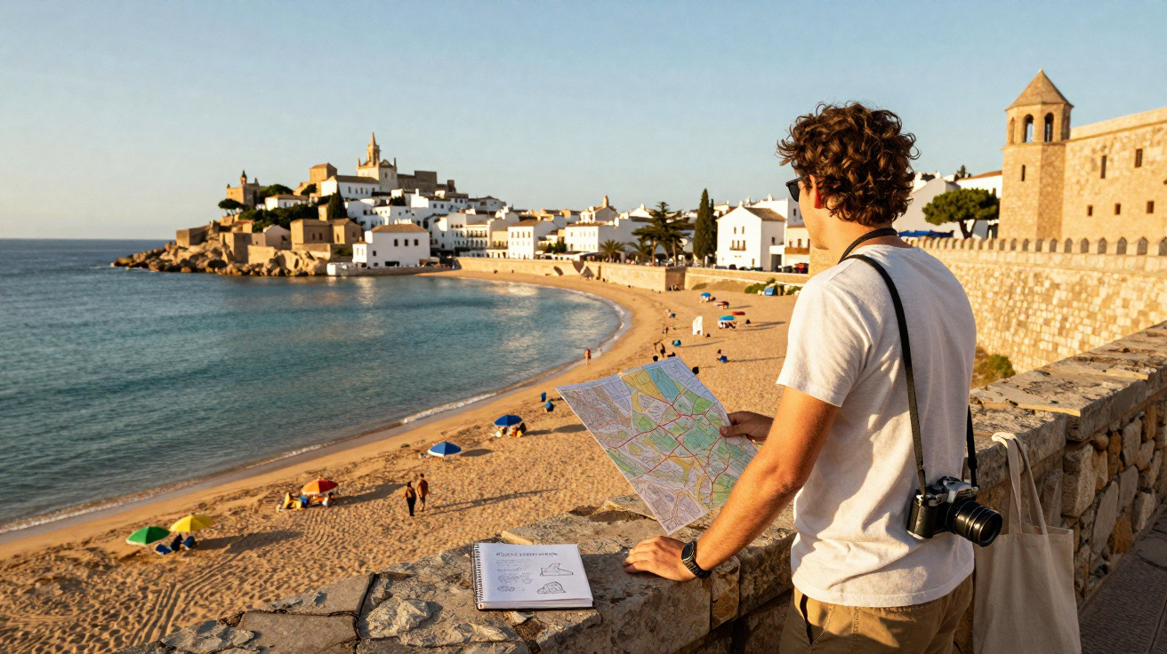 Turista com mapa e câmara observa vila costeira branca junto à praia durante o pôr do sol.