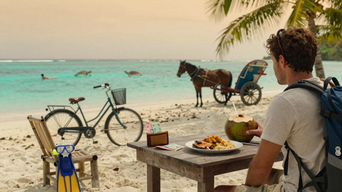 Homem sentado numa mesa de madeira na praia a beber água de coco com bicicleta, tartarugas e charrete com cavalo ao fundo.