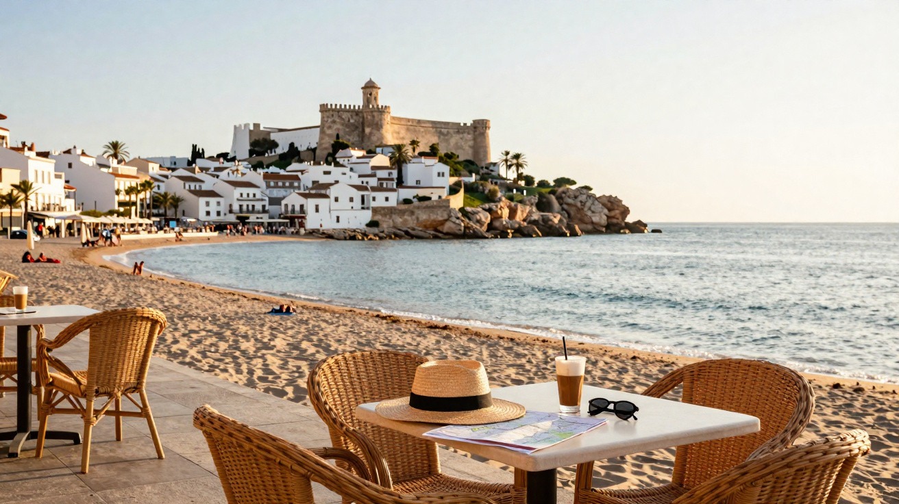 Praia com cadeiras de vime e mesa, castelo histórico e casas brancas junto ao mar ao entardecer.
