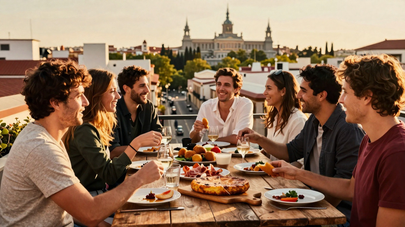 Grupo de jovens a jantar e rir num terraço com vista para edifícios históricos ao pôr do sol.