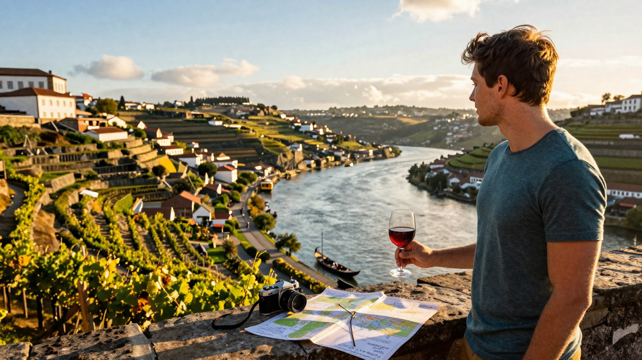 Homem segura copo de vinho tinto olhando para o rio Douro e vinhas em socalcos ao pôr do sol.