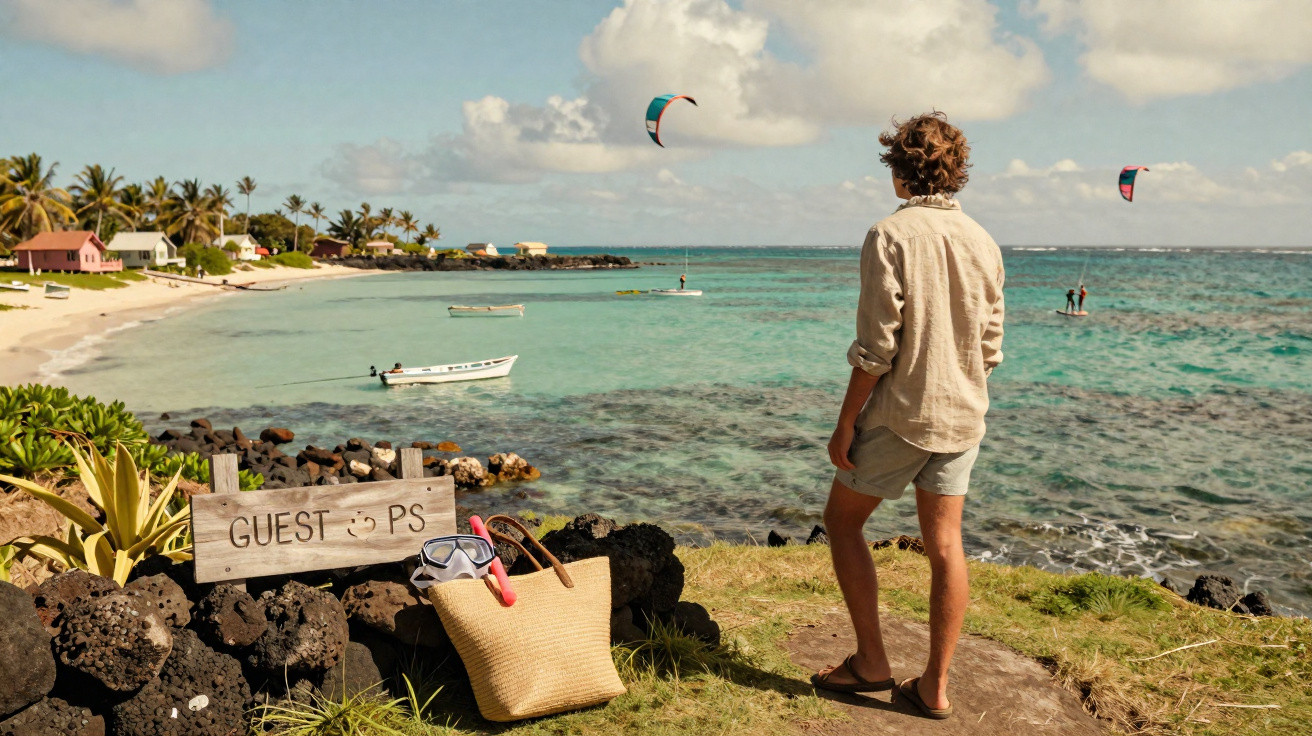 Homem de pé com roupa casual observa o mar calmo com barcos, pessoas a fazer kite surf e casas na costa.