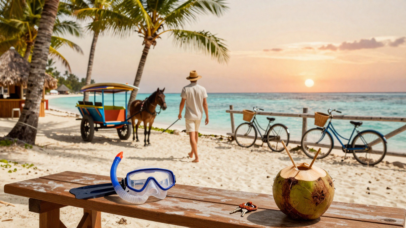 Praia ao pôr do sol com homem a caminhar, bicicleta, coco e equipamento de mergulho numa mesa de madeira.