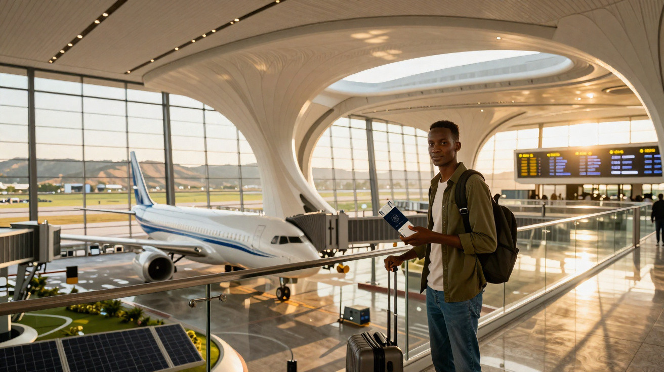 Homem jovem com mochila e mala na mão espera no terminal do aeroporto, com avião ao fundo e painel de voos à direita.
