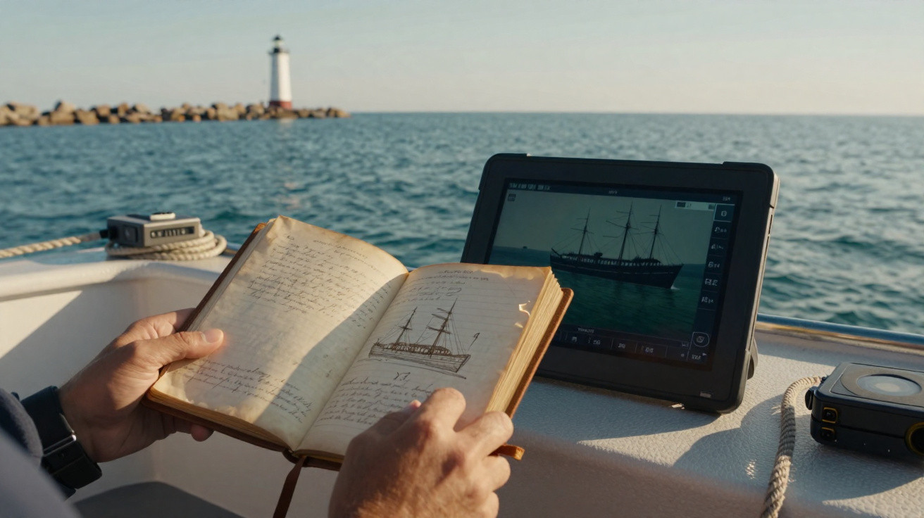 Pessoa a comparar desenho de um navio antigo num livro com imagem digital numa embarcação no mar.