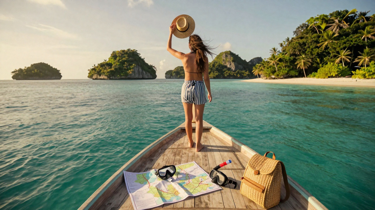 Mulher de costas em barco, segurando chapéu, com mapa, máscara de mergulho e mochila, rodeada por ilhas tropicais.