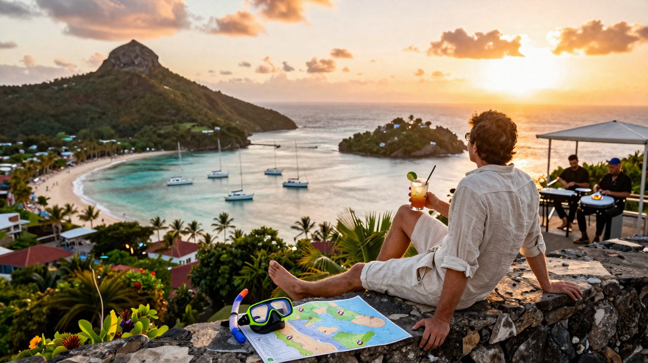 Homem sentado numa muralha, com vista para baía com barcos e pôr do sol em ambiente tropical.