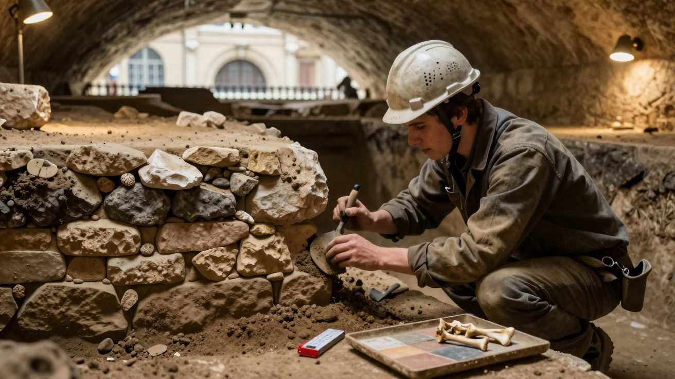 Arqueólogo com capacete a escavar e analisar ossos em sítio arqueológico subterrâneo.