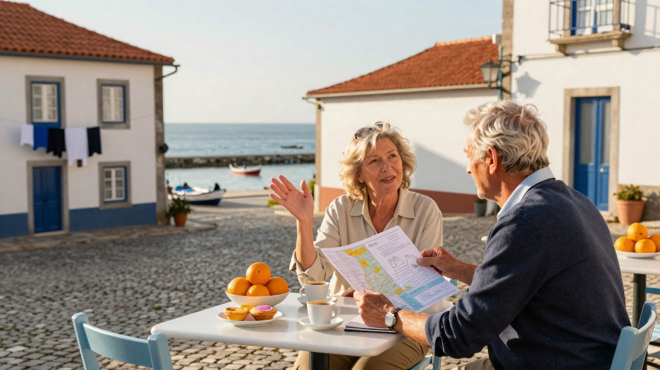 Casal sénior conversa numa esplanada junto ao mar com casas típicas e barcos ao fundo.