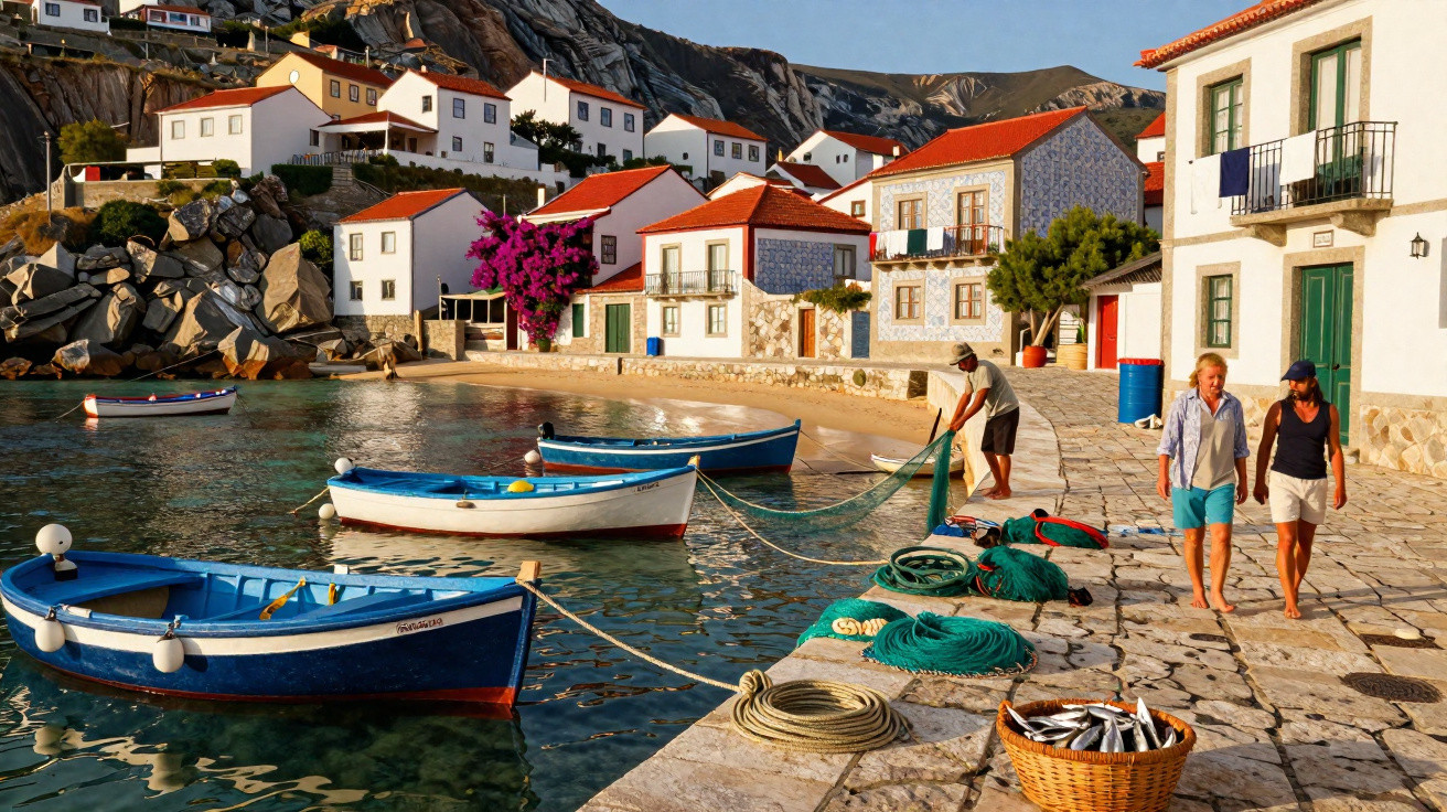 Vista costeira de vila piscatória com barcos, casas brancas, pessoas a passear e redes de pesca numa manhã solarenga.