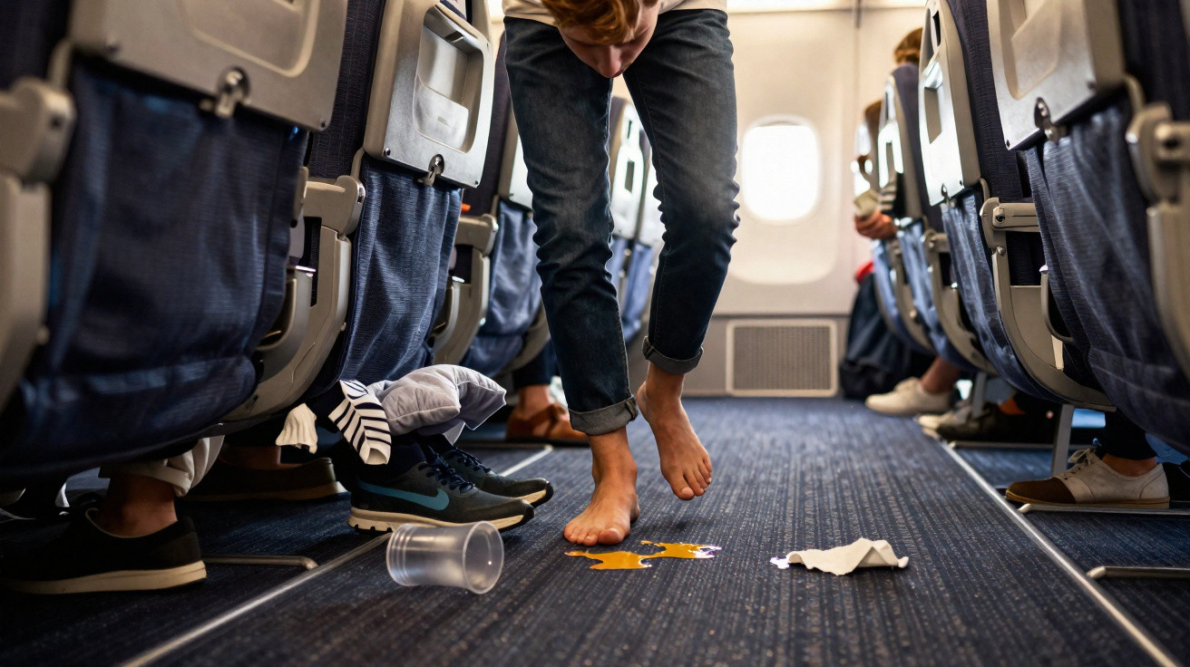 Pessoa descalça tenta limpar líquido derramado no chão do corredor de um avião entre filas de assentos.