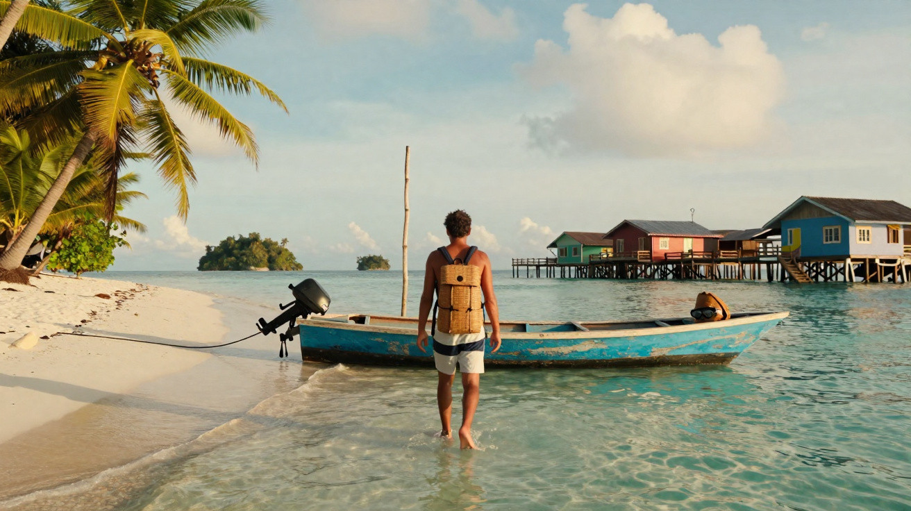 Homem de costas com mochila junto a barco azul na água, perto de palmeira e casas sobre palafitas.