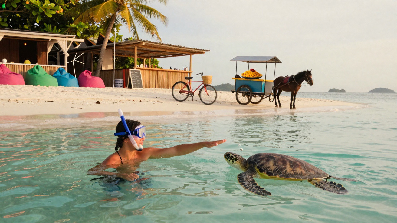 Pessoa com máscara de mergulho a estender a mão para uma tartaruga na água junto à praia com carrinho e cavalo.