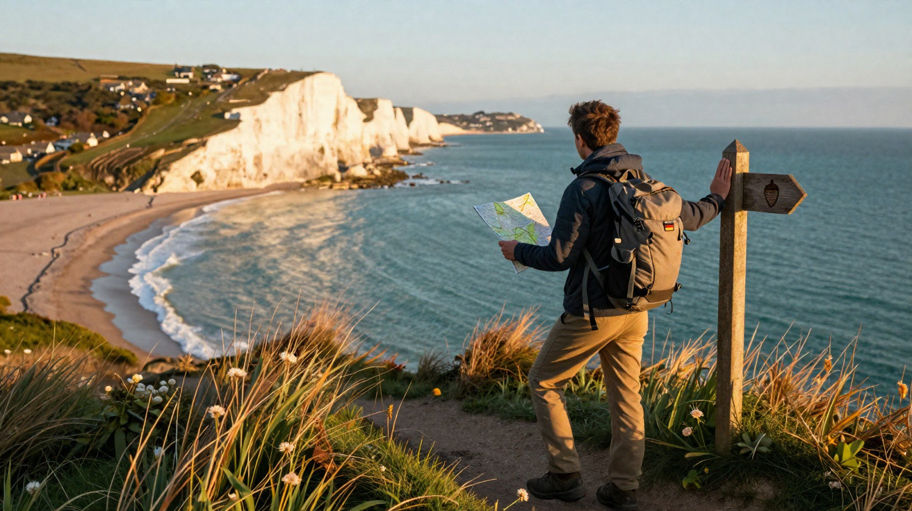 Homem com mochila a olhar mapa junto a falésias brancas e mar, caminho costeiro ao pôr do sol.