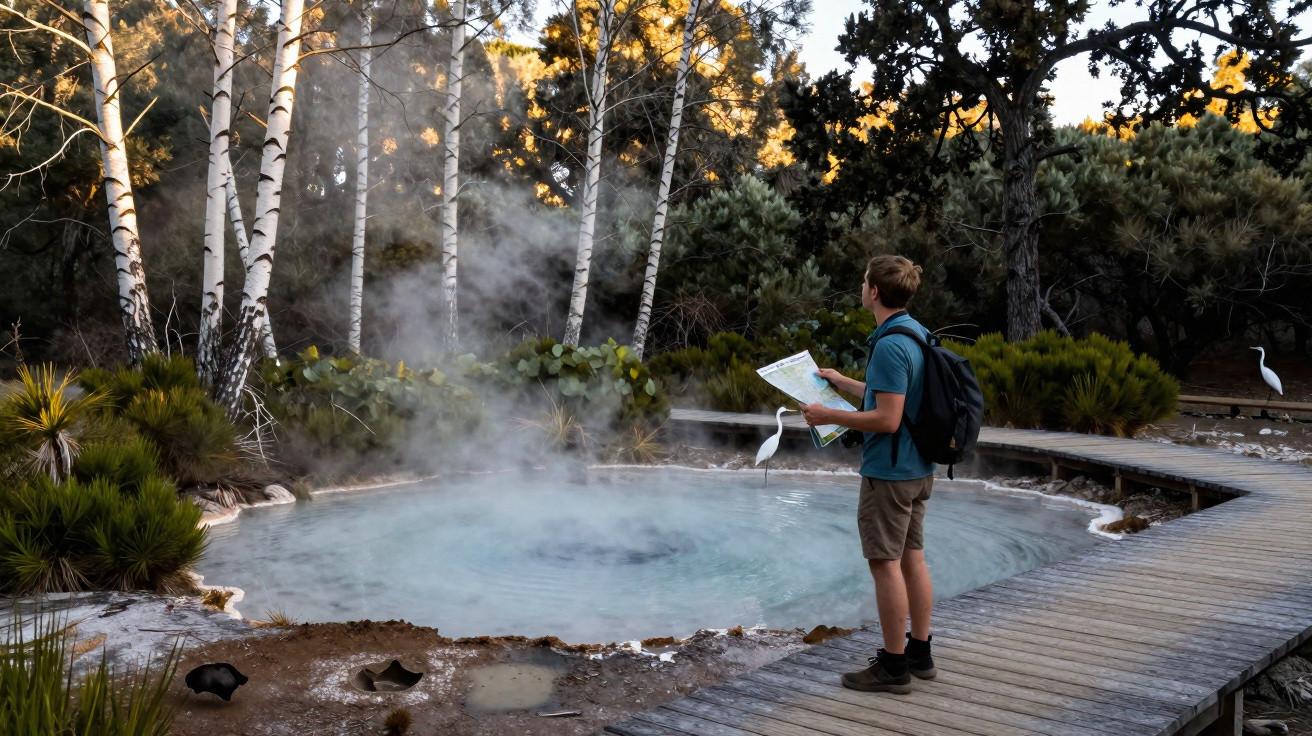 Homem com mochila observa lagoa geotérmica com vapor rodeado por árvores e passadiço de madeira.